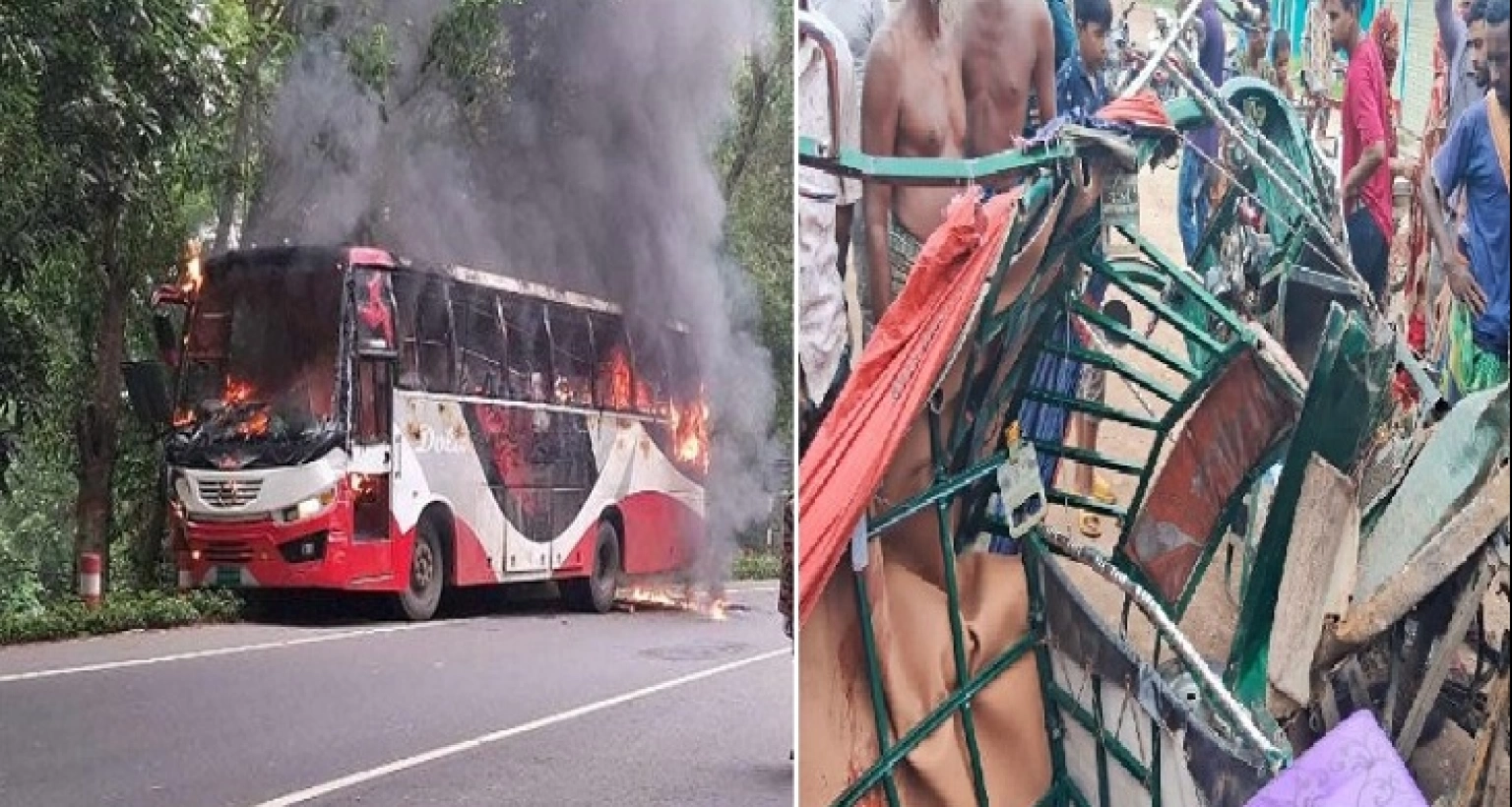 যাত্রীবাহী বাস ও ইজিবাইকের মুখোমুখি সংঘর্ষ, বাসে আগুন দিল বিক্ষুব্ধ জনতা