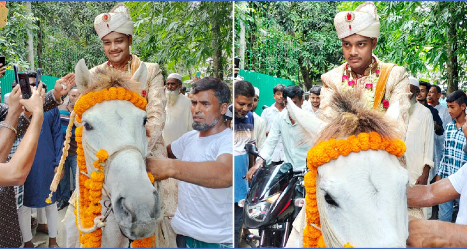 ঘোড়ায় চড়ে কনের বাড়িতে বর, দেখতে উৎসুক মানুষের ভিড়
