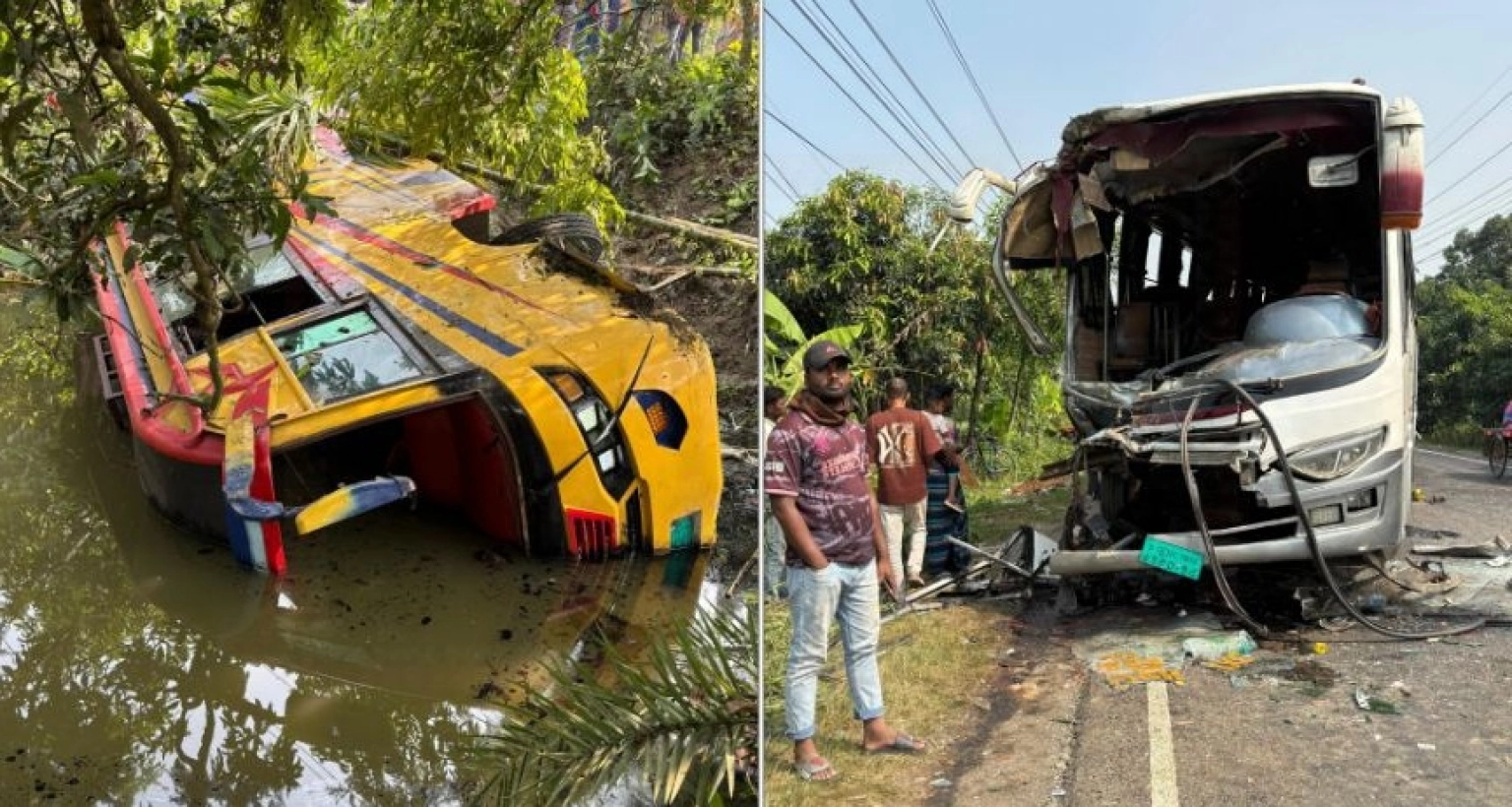 এক বাসের ধাক্কায় পুকুরে গিয়ে পড়ল আরেক বাস 