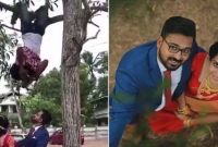 তাই বলে গাছে ঝুলে বিয়ের ছবি!