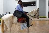 ঘোড়ার পিঠে চড়ে অফিস! কেনও এমন করলেন তিনি?