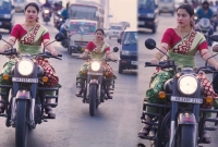 লাল বেনারসী পরে বাইক চালাচ্ছেন 'লেডি ডন'